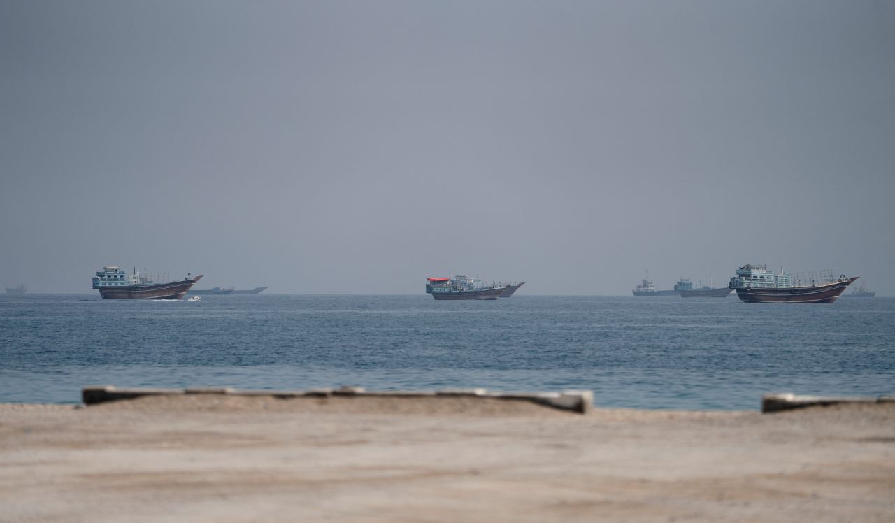 Vessels near the Strait of Hormuz, as seen from Musandam, Oman, on Monday.