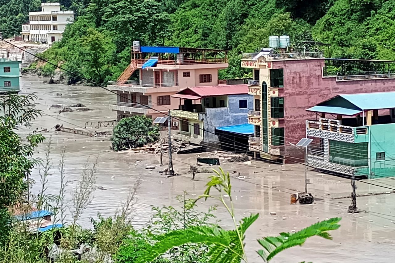 A flooded road following a flash flood in Galchhi in the Dhading district, Nepal, August 26.