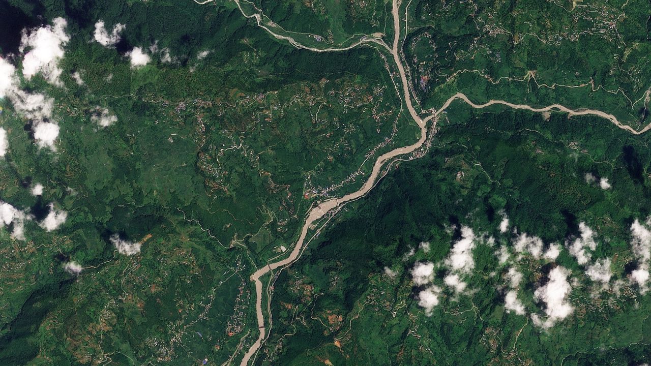 Satellite image shows before Trishuli river flooded in Betrawoti Bazaar, Nepal, on August 23, 2026