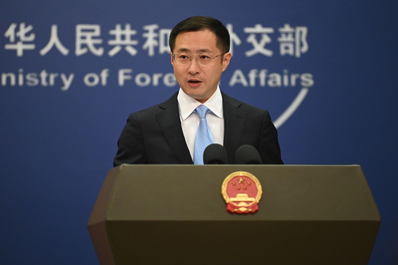Lin Jian, a spokesperson for China's Ministry of Foreign Affairs, speaks during a press conference on Tuesday.