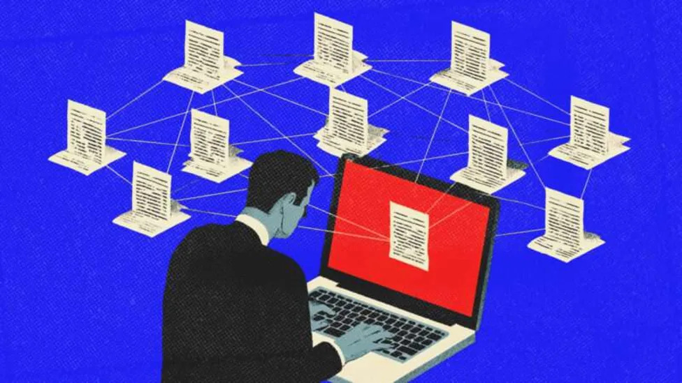 An illustration of a suited man sitting in front of a computer among a network of computers