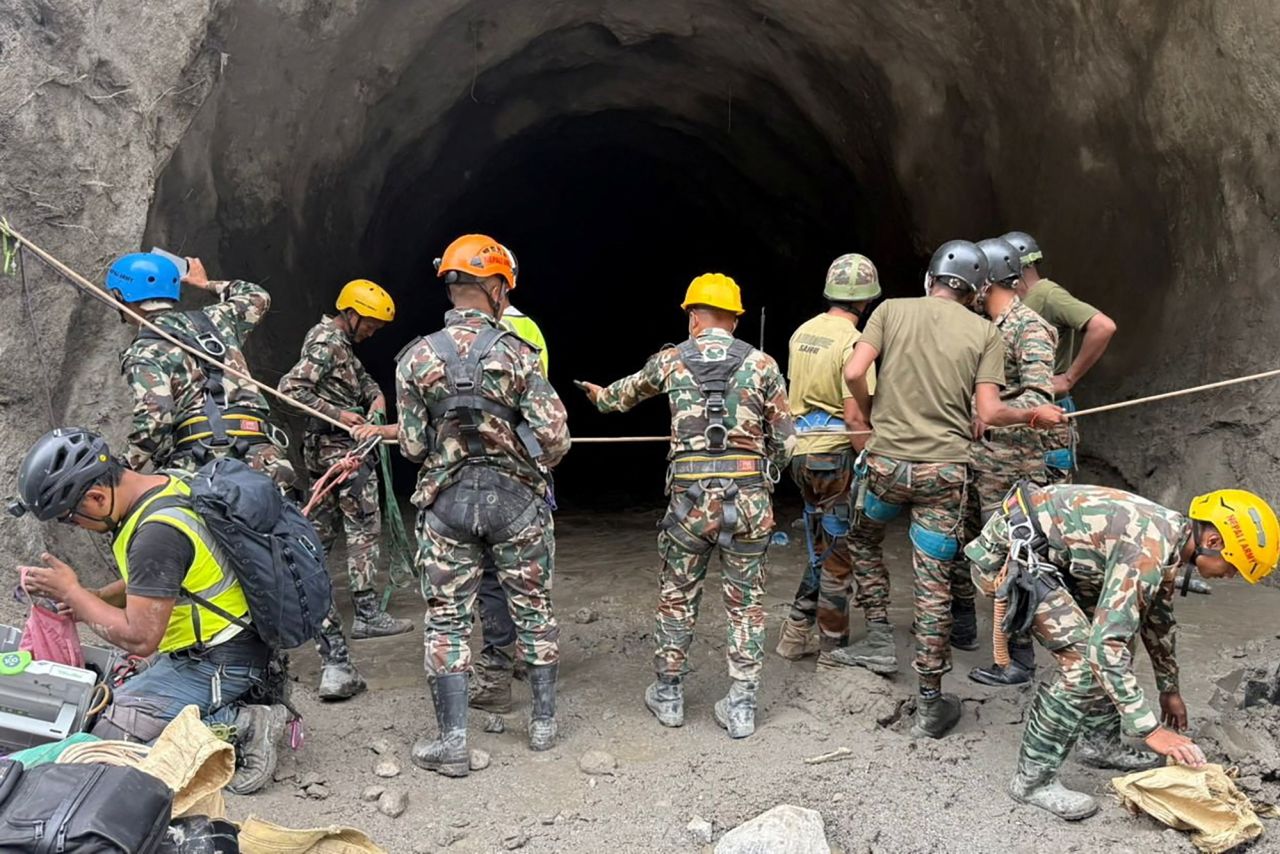 Nepal army soldiers work during a search and rescue operation outside a tunnel near the Hydropower Project sites in Rasuwa district, Nepal, in this handout image from Tuesday.