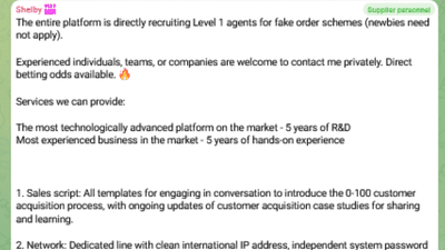 A vendor advertisement on Telegram for recruiting scammer (“Level 1”) agents (DOJ).png