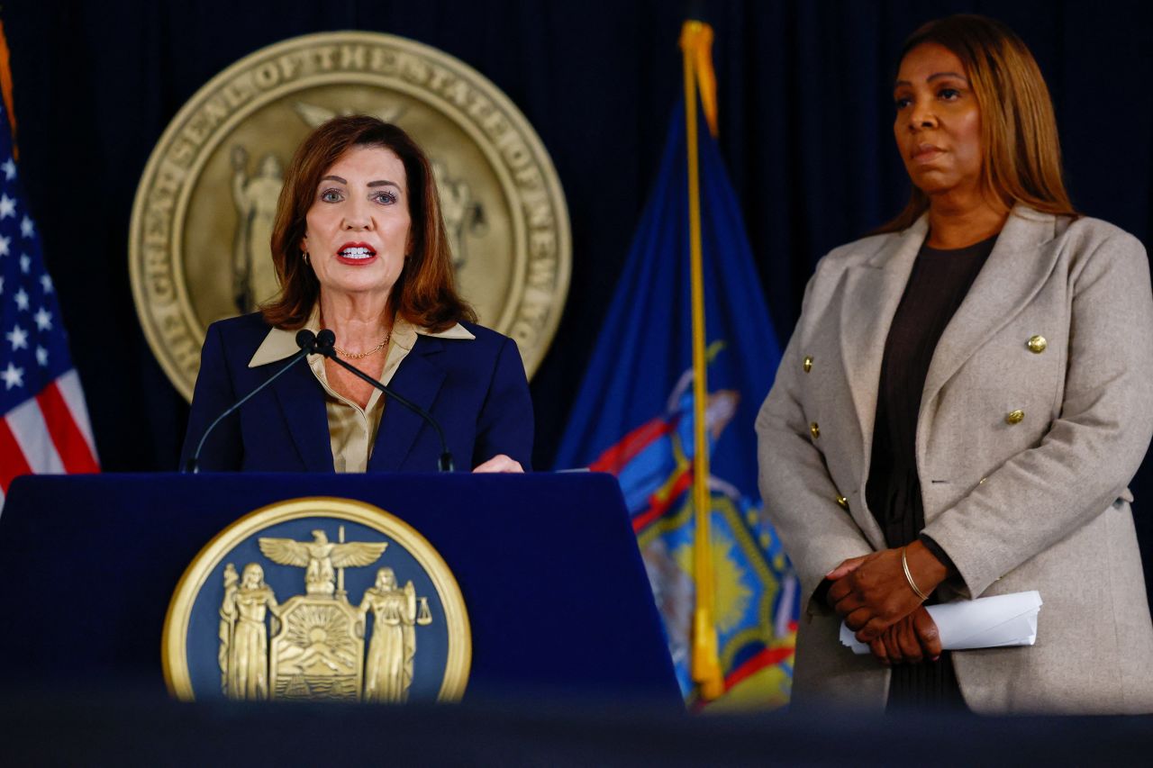 New York Gov. Kathy Hochul speaks during a press conference  in New York on Friday.