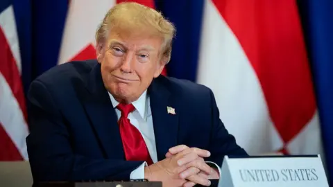 Getty Images President Trump in a blue suit and red tie, which has an american flag pin badge on the jacket, sitting in front of white red and blue flag background. The word United States is in front of him.