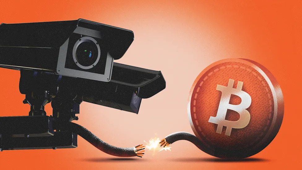 Surveillance cameras on the left and a bitcoin on the right, with the power cord severed