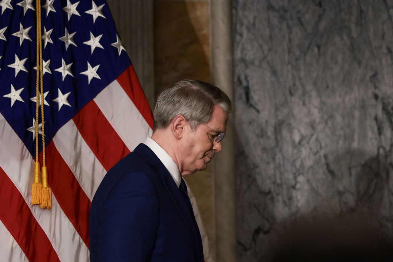 US Treasury Secretary Scott Bessent departs following a press conference at the Treasury Department in Washington, DC, on Monday.